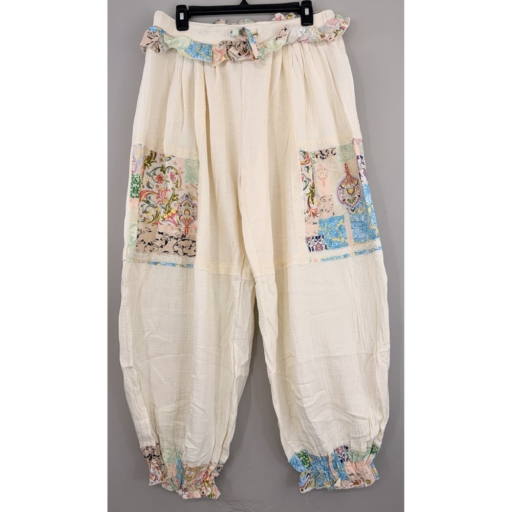 Pol Baggy Jogger Pant Medium Boho Floral Ruffle Waistband Waffle Knit Guazy New